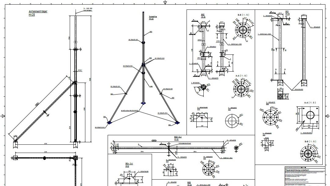 Technische CAD-Detailplanung für einen Mobilfunkstandort am Bildschirm