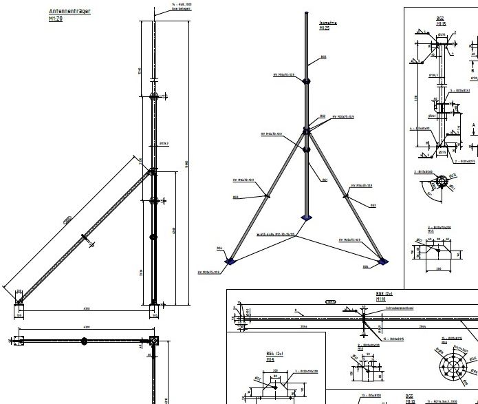 Technische CAD-Detailplanung für einen Mobilfunkstandort am Bildschirm